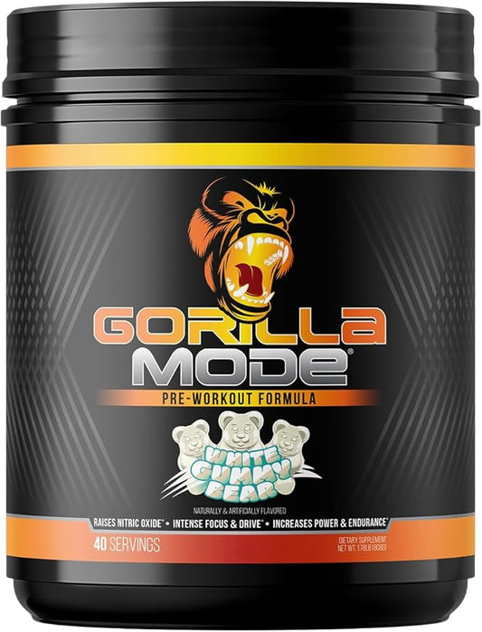 Gorilla Mind Pre Workout - Massive Pumps Laser Focus Energy Power - L-Citrulline, Creatine, L-Tyrosine, Betaine, Hydroprime, Alpha-GPC, 400mg Caffeine, Huperzine A 808g (White Gummy Bear)