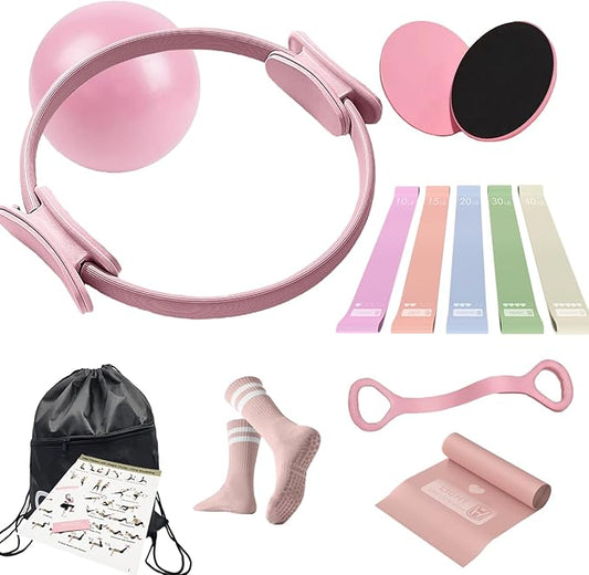 Pilates Ring Essentials Kit for Women, Styled in Soft Macaron Creams - Yoga Exercise Equipment Set for Home Workouts with Magic Circle, Mini Ball & Accessories - Fitness Ring Set for Beginners