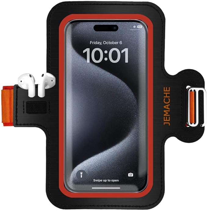 JEMACHE Slim Running Phone Armband for iPhone 17 16 15 14 13 Pro Max, Samsung Galaxy S25 S24 S23 S22 Ultra/Plus with Earphone Holder (Orange) S