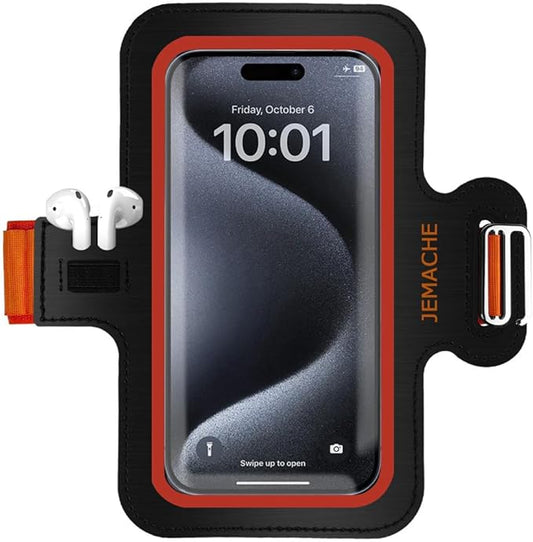 JEMACHE Slim Running Phone Armband for iPhone 17 16 15 14 13 Pro Max, Samsung Galaxy S25 S24 S23 S22 Ultra/Plus with Earphone Holder (Orange) S