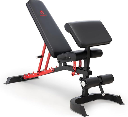 Marcy Adjustable Weight Bench for Home Gym, Heavy-Duty Workout Bench Press with 7-Position Backrest, Incline Decline Flat, Preacher Curl Pad, Leg Anchor, Full Body Strength Training Equipment SB-7799