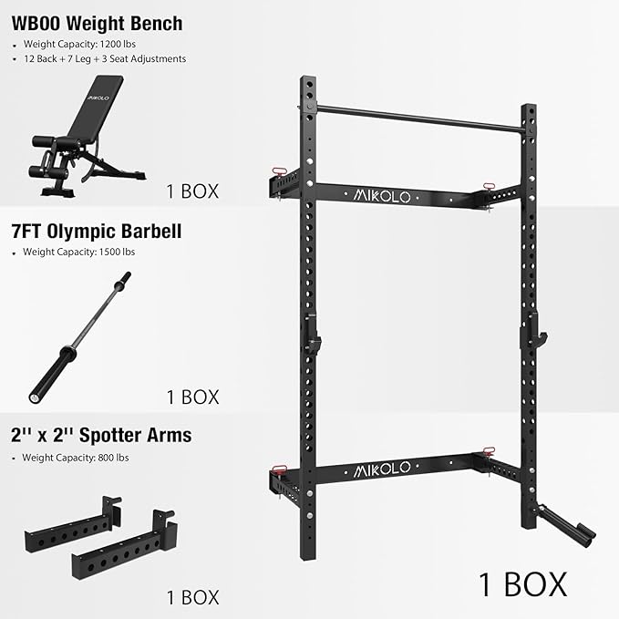 Mikolo 2" x 2" Folding Wall Mounted Squat Rack, 1000 Pounds Capacity Power Rack with Pull Up Bar, J Hooks and Other Attachments, Space-Saving Home Gym