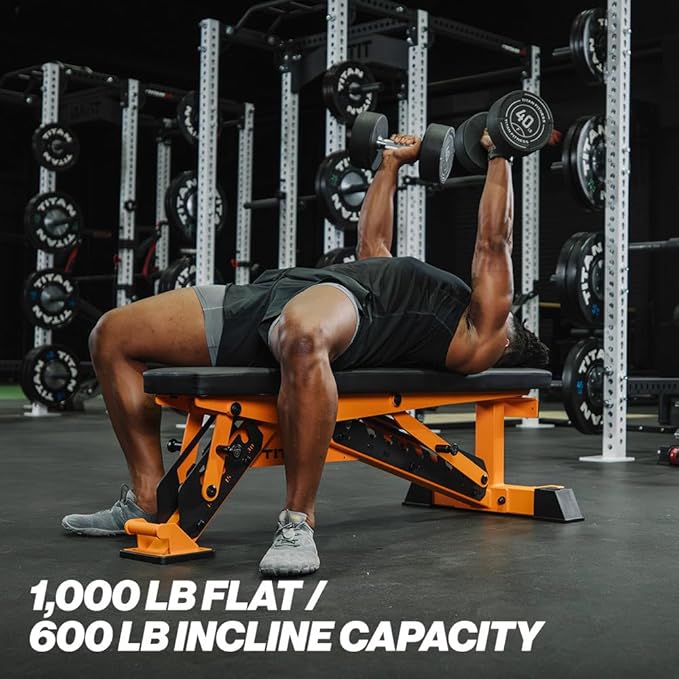 Titan Fitness TITAN Series Adjustable Bench, Supports 600 LB Incline, 1,000 LB Flat, Versatile Single Post Utility Workout Bench for Home Gym, Weightlifting, Strength Training