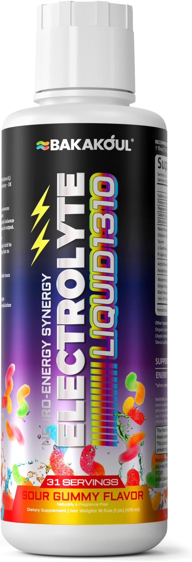 Ultra Electrolyte Liquid & Neuro Hydration, add L Carnitine Supplement Liquid, 1310 mg 5 Electrolytes with Citicoline for Cognitive Support, Rapid Hydration, Arctic-Sourced Minerals, Sour Gummy Flavor