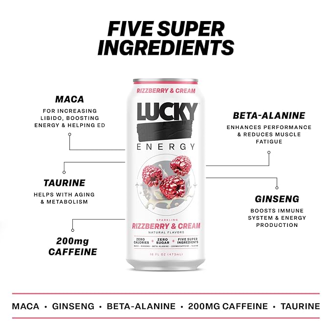 Lucky Energy Sugar Free Energy Drinks, Rizzberry and Cream, 16oz Cans (12-Pack) Healthy, Zero Sugar Energy Drink with Maca, Ginseng, Beta-Alanine, Taurine & 200mg Caffeine