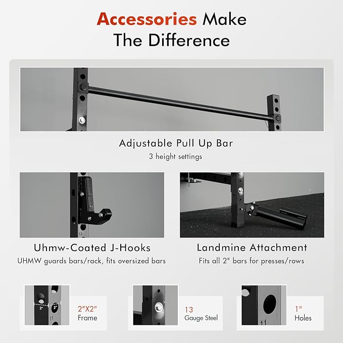 Mikolo 2" x 2" Folding Wall Mounted Squat Rack, 1000 Pounds Capacity Power Rack with Pull Up Bar, J Hooks and Other Attachments, Space-Saving Home Gym