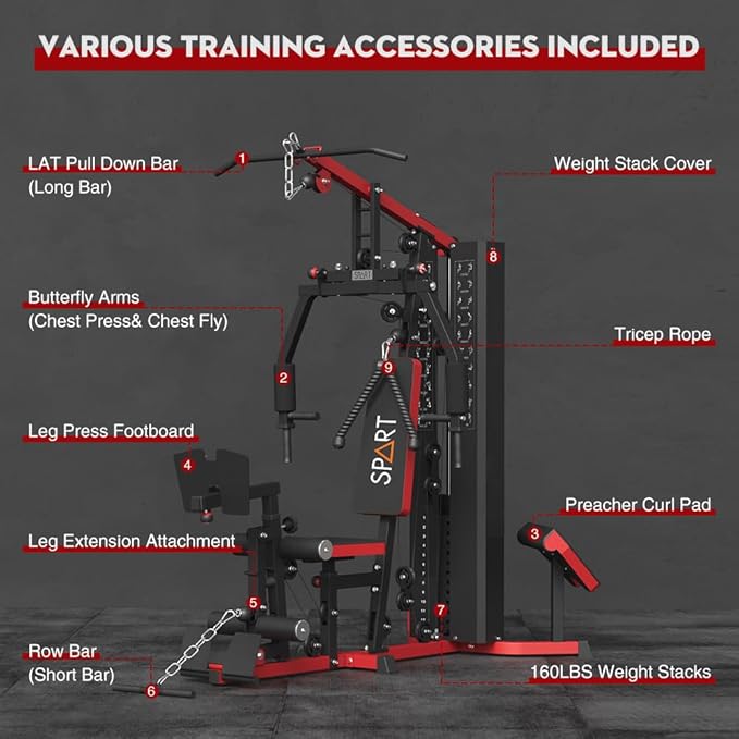 SPART Home Gym, Multifunctional Home Gym Equipment, Workout Station with 160LBS Weight Stack for Leg Press & Chest Fly, All in One Workout Machine Full Body Strength Training with Pulley System
