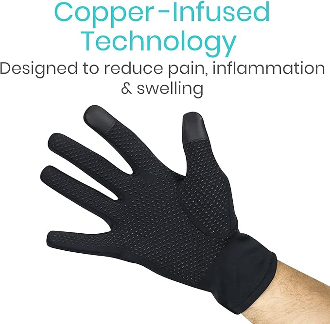 Vive Copper Arthritis Gloves - Full Hand Compression Touchscreen Finger - For Carpal Tunnel, Rheumatoid, Joint Pain, Inflammation - Flexible Wrist and Thumb Pressure Relief for Typing - For Men, Women