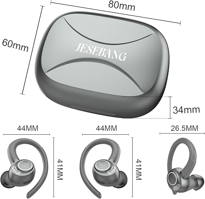 Wireless Earbuds, Bluetooth 5.4 Headphones Sport, Over Ear Buds with ENC Noise Cancelling Mic, 48H, Wireless Earphone with Earhooks, Stereo Deep Bass, IP7 Waterproof Ear Bud for Workout Running, Grey
