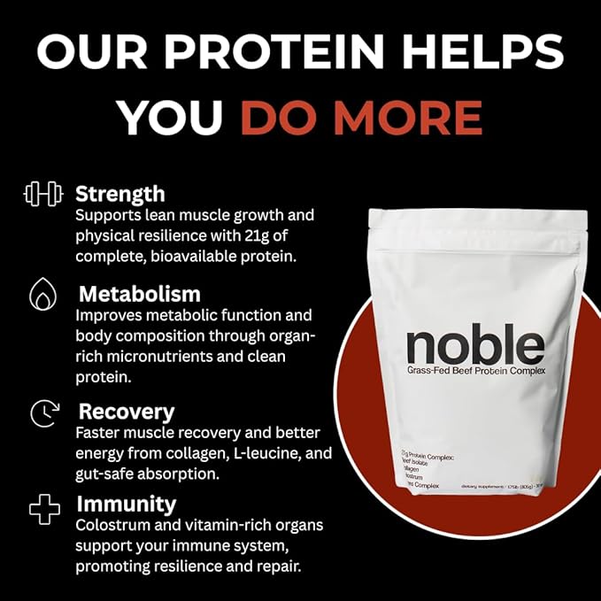 Noble All-in-One Chocolate Protein Powder, 21g Grass-Fed Beef Protein & Collagen, Colostrum & Organ Blend, Whey-Free, Seed Oil-Free, Zero-Carb, 30 Servings (1.75lbs)