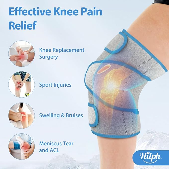 Hilph Large Hot & Cold Therapy Knee Ice Wrap with Dual Gel Packs & Adjustable Brace for Full Knee Coverage, Pain Relief for Replacement Surgery, Arthritis, ACL, Meniscus Tear, Women, Men Grey