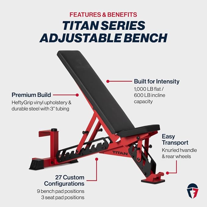 Titan Fitness TITAN Series Adjustable Bench, Supports 600 LB Incline, 1,000 LB Flat, Versatile Single Post Utility Workout Bench for Home Gym, Weightlifting, Strength Training
