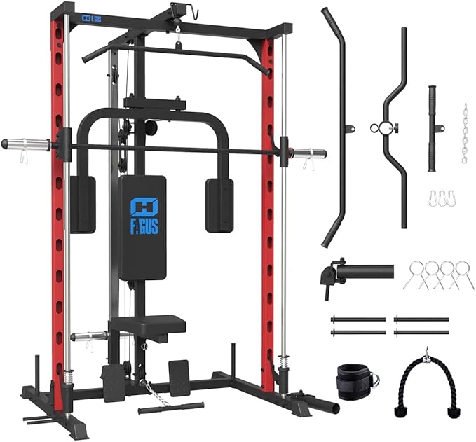 FAGUS Smith Machine Home Gym Power Cage with Pulley System, Space Saving Design Squat Rack with Full Body Strength Training Attachments, PEC Station & Fixed Cable Crossover Optional