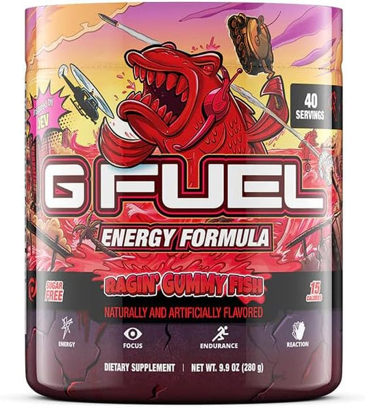 G Fuel Raging Gummy Fish Energy Drink Powder, Pre Workout Caffeine Mix for Gaming, Sugar Free Focus Amino, Vitamin + Antioxidants, 9.9oz (Gummy Fish Candy, 40 Servings)