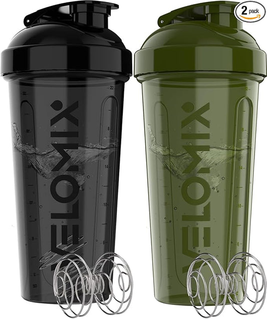 VELOMIX -2 Pack- 28 oz Protein Shaker Bottles for Protein Mixes - 2x Wire Whisk | Leak Proof Shaker Cups for Protein Shakes | Protein Shaker Bottle Pack | Shakers for Protein Shakes-Green&Black
