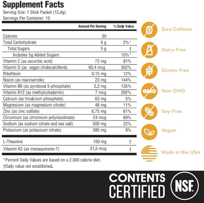 Electrolyte & Vitamin Supplement Powder, Drink Mix with B12, L-Theanine, D3, K2, Zinc, Magnesium, Potassium, Supports Calm Focus & Energy, Passion Fruit, 15 Pack