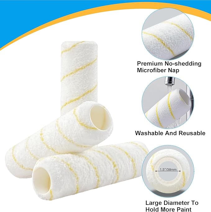 King Origin 9 Inch Microfiber Paint Roller Covers 1/2" Nap - Professional Wall & Ceiling Paint Supplies, 5-Pack Paint Roller Naps for Roller Frame, No Drip Painting Tools for Home
