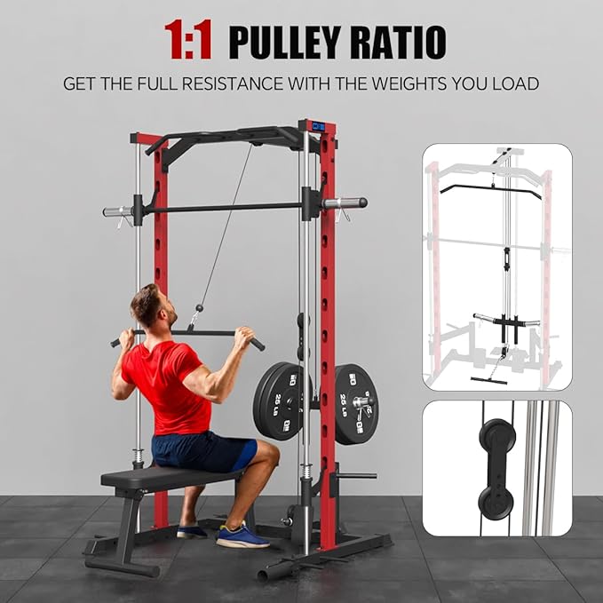 FAGUS Smith Machine Home Gym Power Cage with Pulley System, Space Saving Design Squat Rack with Full Body Strength Training Attachments, PEC Station & Fixed Cable Crossover Optional