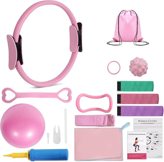Pilates Ring Set with Resistance Bands– Anti-Slip Magic Circle Pilates Ring for Home Workouts, Full-Body Toning, Strength Training for Women 14PCS