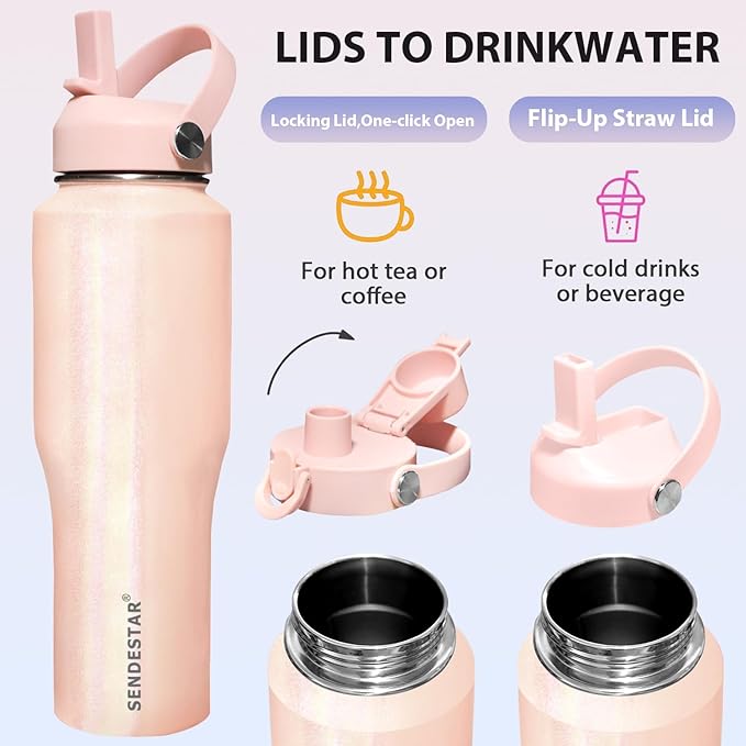SENDESTAR 40oz Stainless Steel Water Bottle(Cold for 48 Hrs, Hot for 24 Hrs),Double Wall Vacuum Insulated Bottle with Straw Lid, Spout Lid and Flex Cap, Fit in Any Car Cup Holder,Laser Pink