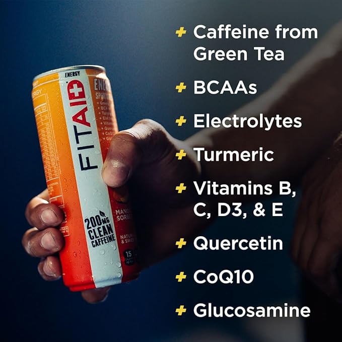 FITAID ENERGY, 200mg Natural Caffeine, Keto, Mango Sorbet, Optimum Performance Formula: BCAAs, Quercetin, Electrolytes, Omega-3s, 15 Calories, Paleo, Vegan & Gluten-Free, 12-oz. Cans (Pack of 24)