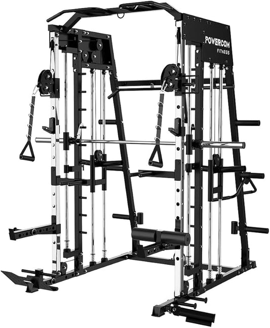 Power Cage 2300lbs Smith Machine Squat Rack with LAT-Pull Down System & Cable Crossover Machine, Training Equipment with Leg Hold-Down Attachment Weight Cage for Home Gym