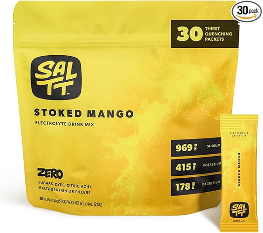 SALTT Electrolytes Powder Flavored Drink Mix - Stoked Mango - 30 Hydration Packets - Magnesium, Potassium, Sodium, Trace Minerals - Zero Sugar & Gluten Free - Travel Essentials