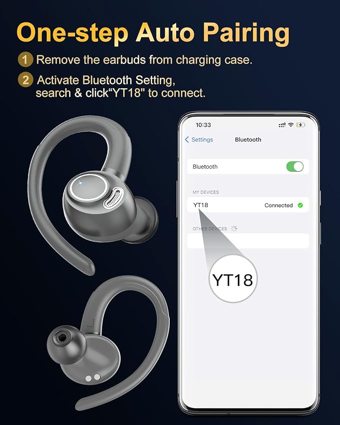 Wireless Earbuds, Bluetooth 5.4 Headphones Sport, Over Ear Buds with ENC Noise Cancelling Mic, 48H, Wireless Earphone with Earhooks, Stereo Deep Bass, IP7 Waterproof Ear Bud for Workout Running, Grey