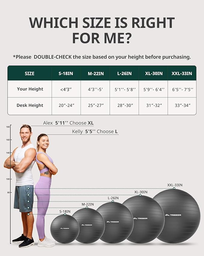 Trideer Extra Thick Yoga Ball Exercise Ball, 5 Sizes Gym Ball, Heavy Duty Ball Chair for Balance, Stability, Pregnancy, Quick Pump Included