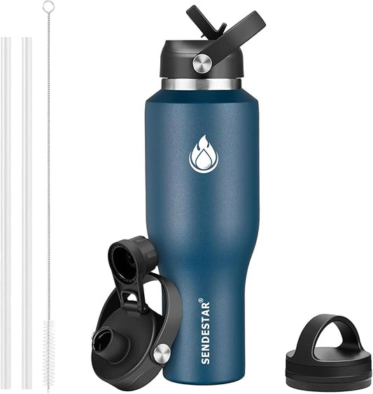 SENDESTAR 40oz Stainless Steel Water Bottle(Cold for 48 Hrs, Hot for 24 Hrs),Double Wall Vacuum Insulated Bottle with Straw Lid, Spout Lid and Flex Cap, Fit in Any Car Cup Holder,Navy