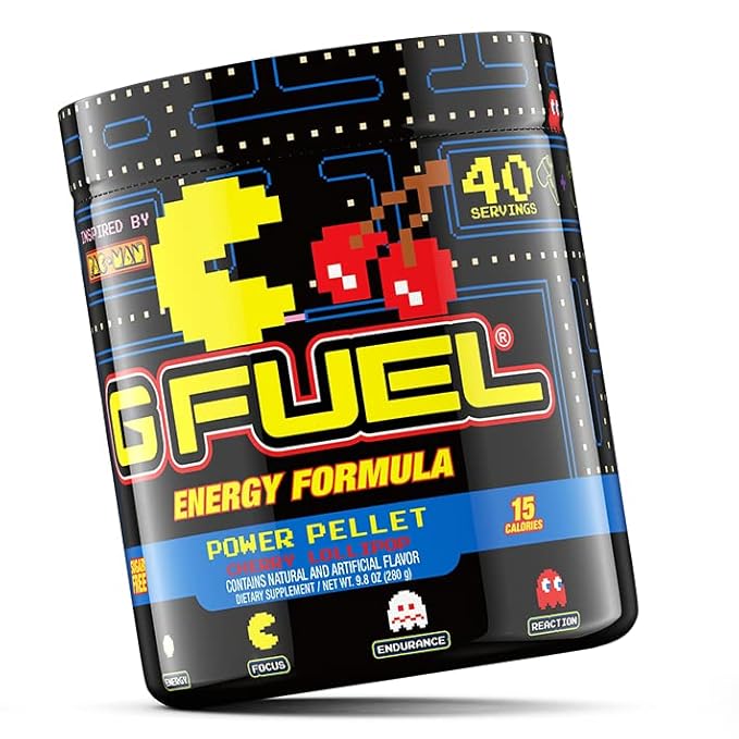 G Fuel Pac-Man Energy Drink Powder, Pre Workout Caffeine Mix for Gaming, Sugar Free Focus Amino, Vitamin + Antioxidants, 9.8oz (Cherry Lollipop, 40 Servings)