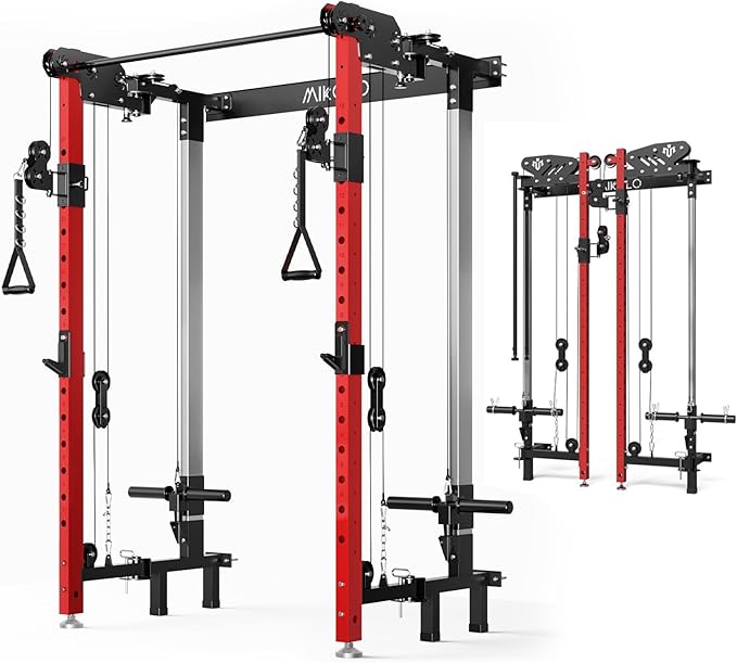 Mikolo Folding Squat Rack, Wall Mounted Power Rack with Cable Crossover Machine & LAT Pull Down, Functional Trainer with 5 Adjustable Function Modes, for Home Gym and Space Saving