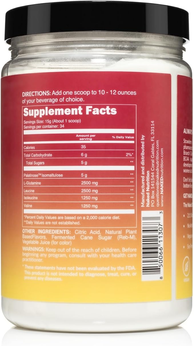 NAKED Strawberry Lemonade BCAAs Amino Acids Powder, 100% Pure 2:1:1 Formula, Vegan Branched Chain Amino Acids, Instantized All Natural BCAA Powder Supplement - 501 Grams, 34 Servings