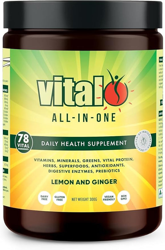 Vital All-in-One Daily Powdered Supplement - Natural Greens Superfood Powder for Energy & Health, Super Greens Powder Drink Mix with Probiotic & Antioxidant Support - Lemon & Ginger, 10.58 oz (300 g)