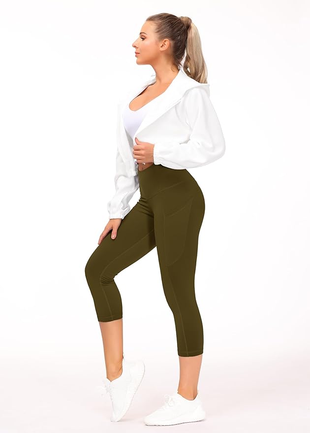 THE GYM PEOPLE Thick High Waist Capris Yoga Pants with Pockets, Tummy Control Workout Running Yoga Leggings for Women