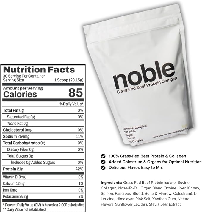 Noble All-in-One Vanilla Protein Powder, 21g Grass-Fed Beef Protein & Collagen, Colostrum & Organ Blend, Whey-Free, Seed Oil-Free, Zero-Carb, 30 Servings (1.75lbs)