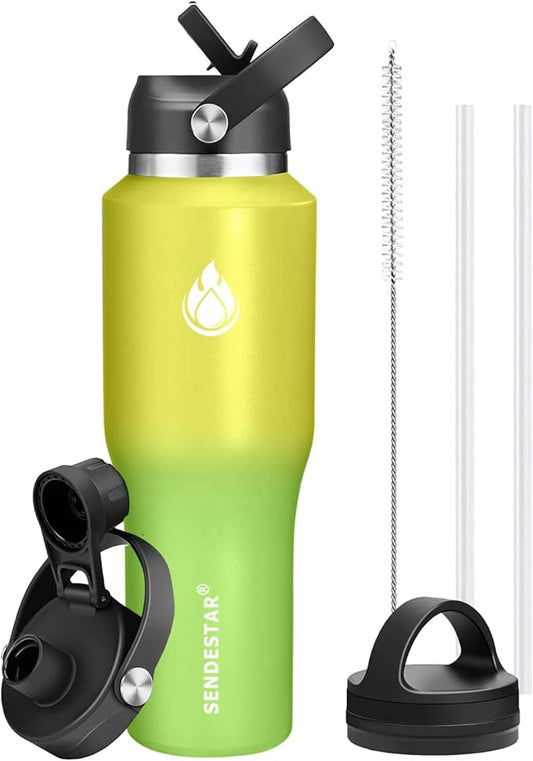 SENDESTAR 40oz Water Bottle Wide Mouth Stainless Steel Vacuum Insulated Double Wall with Straw Lids Fit in Any Car Cup Holder