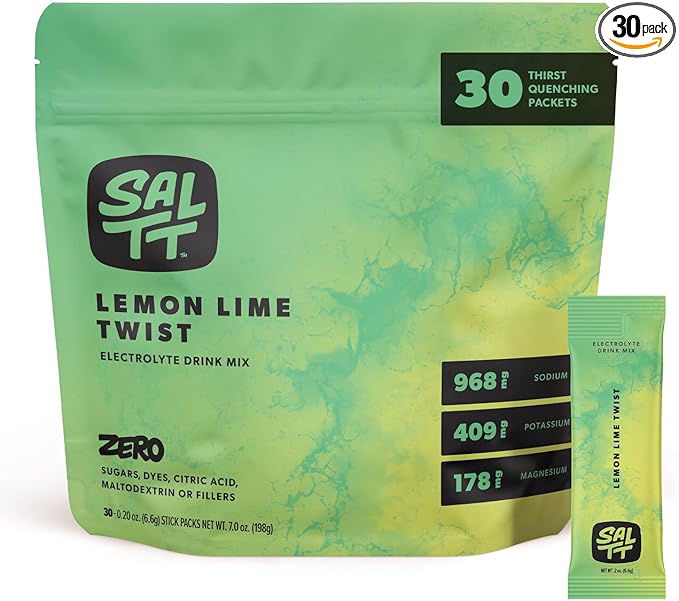 SALTT Electrolytes Powder Flavored Drink Mix - Lemon Lime Twist - 30 Hydration Packets - Magnesium, Potassium, Sodium, Trace Minerals - Zero Sugar & Gluten Free - Travel Essentials