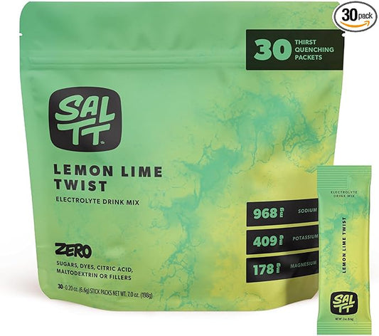 SALTT Electrolytes Powder Flavored Drink Mix - Lemon Lime Twist - 30 Hydration Packets - Magnesium, Potassium, Sodium, Trace Minerals - Zero Sugar & Gluten Free - Travel Essentials