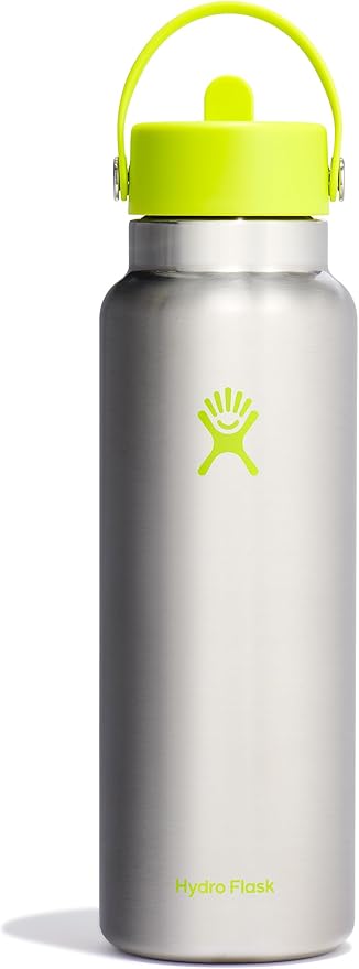 Hydro Flask Water Bottle - Insulated Stainless Steel - Wide Mouth Flex Straw Lid, Non Spill, Leakproof and Refillable in 40 Oz Stainless Steel Lime