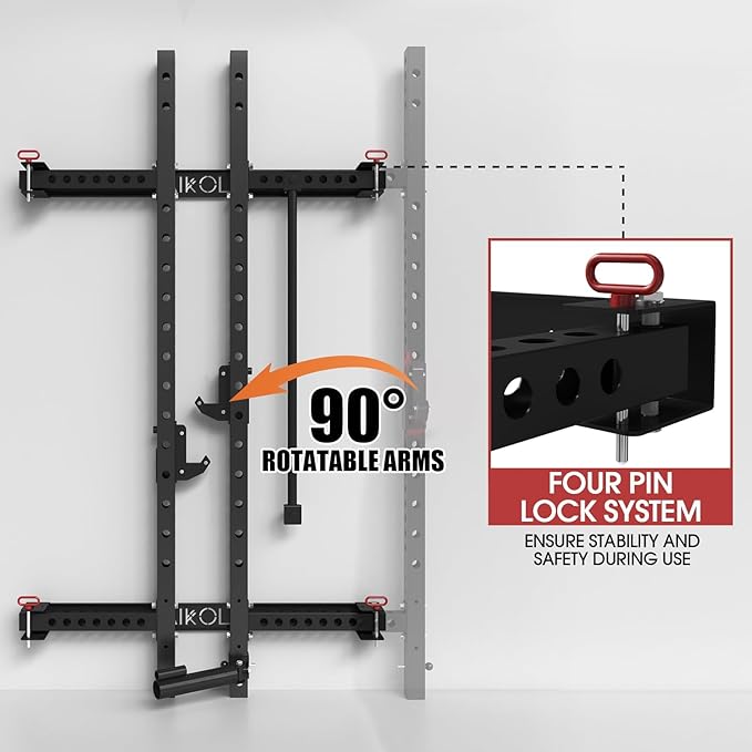 Mikolo 2" x 2" Folding Wall Mounted Squat Rack, 1000 Pounds Capacity Power Rack with Pull Up Bar, J Hooks and Other Attachments, Space-Saving Home Gym