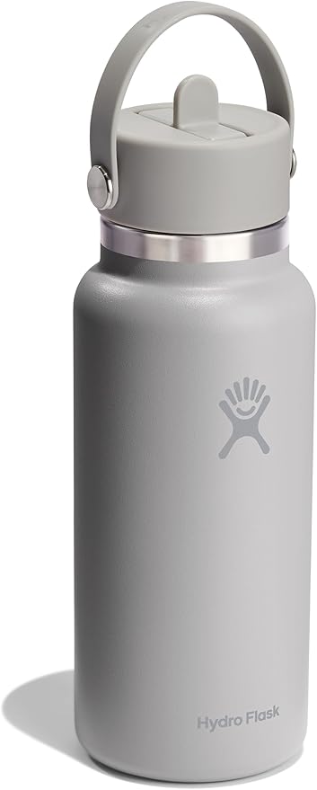 Hydro Flask Water Bottle - Insulated Stainless Steel - Wide Mouth Flex Straw Lid, Non Spill, Leakproof and Refillable in 32 Oz Tonal Birch