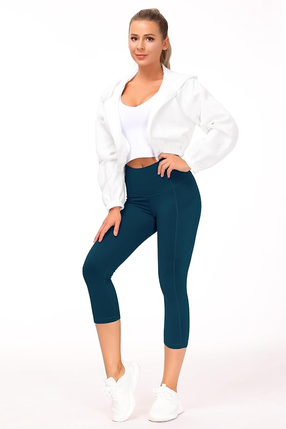 THE GYM PEOPLE Thick High Waist Capris Yoga Pants with Pockets, Tummy Control Workout Running Yoga Leggings for Women