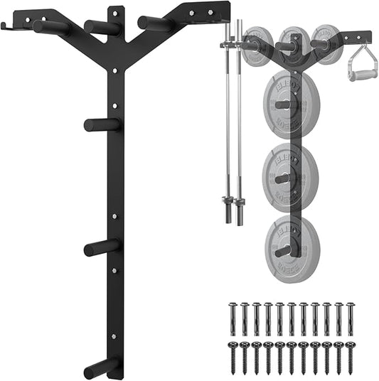 Wall Mounted Weight Plate Rack, 6 Pegs & 4 Barbell Storage Rack, 1190 LBS Capacity Weight Plate Holder, Wall Mounted Bumper Plate Storage for Home Garage Gym, Fit 2" Olympic, Rubber Protection Pads