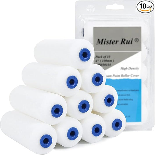 Mister Rui 10 Pack 4 Inch High Density Foam Paint Roller Covers - Small Mini Rollers for Painting Walls, Cabinets, Cupboards, Doors