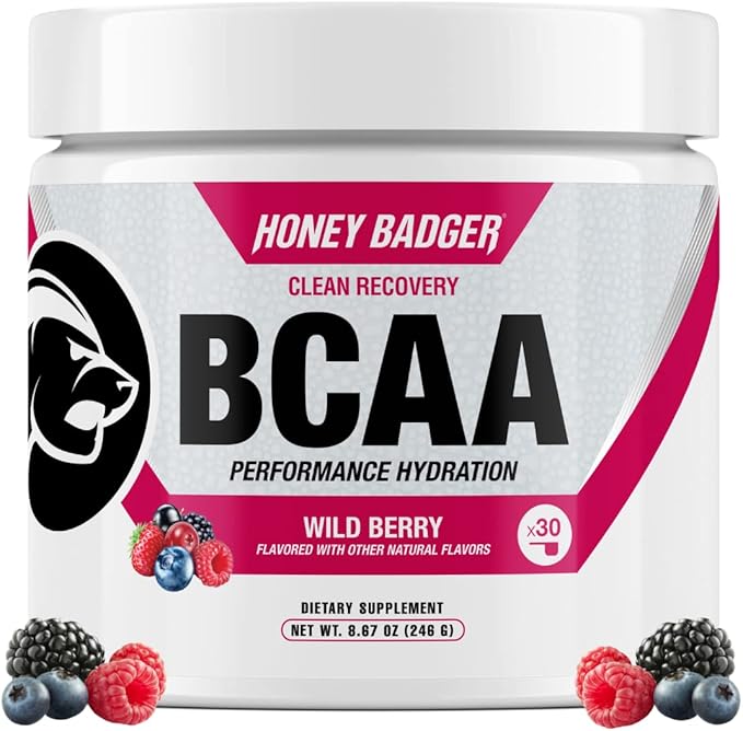 Honey Badger BCAA + EAA Amino Acids Powder, BCAAs + L-Glutamine, Keto, Vegan, Sugar Free for Men & Women, Hydration & Post Workout Muscle Recovery Drink Mix, Wild Berry, 30 Servings