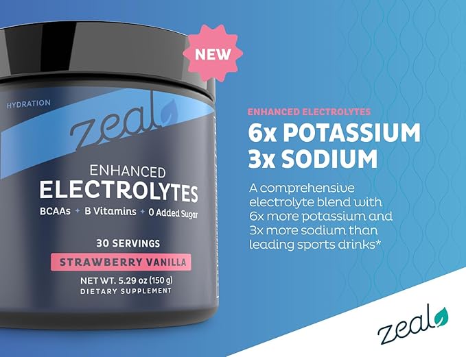 Zeal Electrolyte Powder Recovery Drink (30 Servings | Strawberry Vanilla) w 0 Sugar +BCAAs +B-Vitamins Electrolyte Supplement w Potassium Zinc & Magnesium