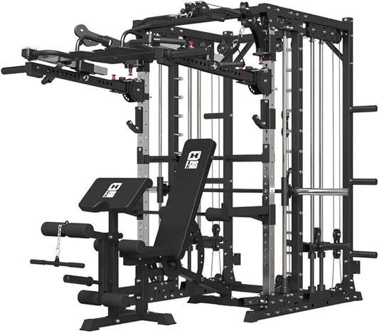 Commercial Smith Machine with Smith Bar, 4000LBS Power Cage Squat Rack with Lever Arm, Leg Press, LAT Pull Down System, Multi-Function Linear Bearing Cable Crossover Machine for Home Gym
