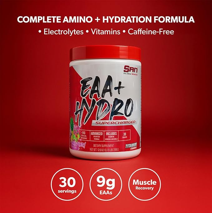 SAN EAA Hydration | EAAs + BCAA| Muscle Recovery & Intra | 9G Essential Amino Acids + Electrolytes | Maui Punch 30 Serving