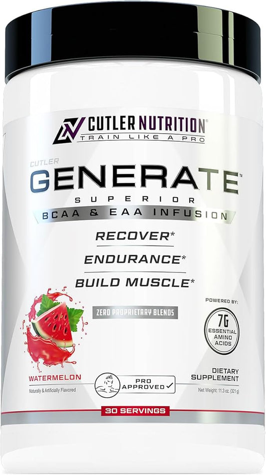 Generate EAA and BCAA Powder: Best Post Workout Recovery Drink and Branched Chain Amino Acids Supplement with Essential Amino Acids, 5g BCAAs, 2g EAAs for Lean Muscle Mass | Watermelon, 30 Servings
